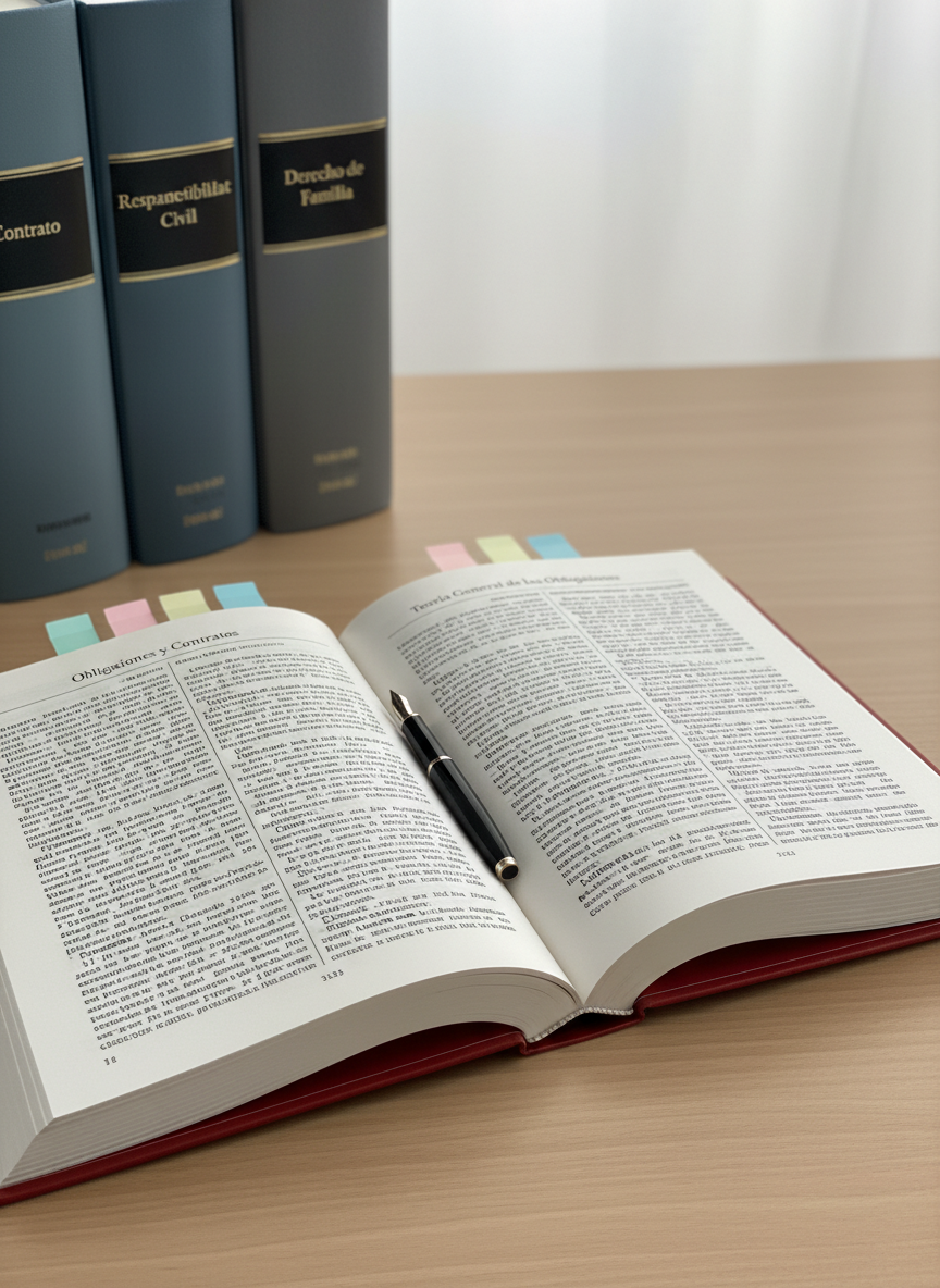 An open civil law textbook displaying neatly printed articles on obligations, positioned at the center of a light oak desk. A fine-tipped black fountain pen rests precisely in the gutter between pages, and several pastel sticky tabs mark key sections along the top edge. In the background, slightly out of focus, stand three thick volumes labeled “Contrato”, “Responsabilidad Civil”, and “Derecho de Familia” in Spanish, their spines in muted blues and grays. Soft overcast daylight from the right creates even illumination, with delicate shadows along the page edges. Shot from a slightly elevated angle with sharp focus on the text margins but without readable content, the image feels studious, organized, and accessible. Photographic realism with a clean, academic yet approachable mood.