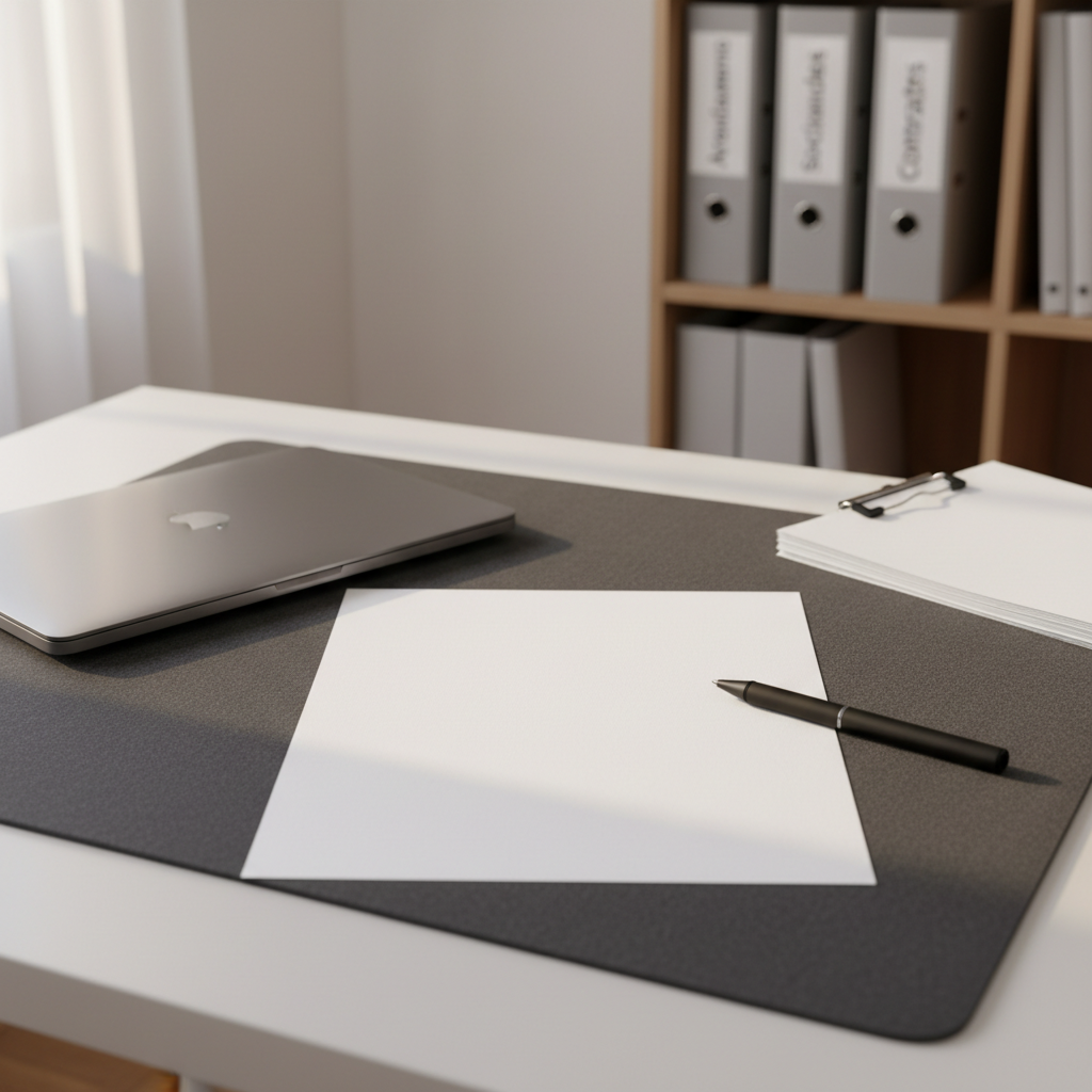 A tidy home office desk arranged for writing a private contract: a blank, high-quality white paper centered on a dark charcoal desk pad, a sleek silver laptop closed to one side, and a matte black ballpoint pen aligned parallel to the bottom edge. In the upper corner lies a small stack of clipped pages titled generically, without legible details. Neutral-toned walls and a blurred bookshelf with binders labeled “Arrendamiento”, “Sociedades”, and “Contratos” form the background. Warm, indirect afternoon light from a nearby window creates soft, professional shadows and a subtle glow on metal elements. Captured from a slightly elevated, three-quarter perspective, with a moderate depth of field emphasizing the paper and pen. The mood is focused, orderly, and practical, with photographic realism and a clean, contemporary aesthetic.