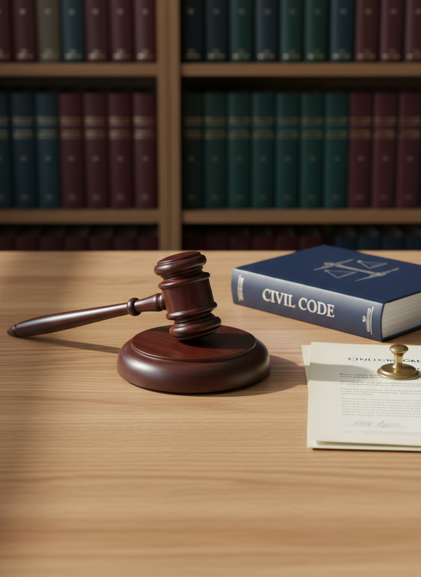 A polished wooden judge’s gavel resting diagonally on a smooth, dark walnut sound block atop a minimalist, uncluttered legal desk. Around it lie a closed navy-blue civil code book with embossed silver lettering and a neat stack of cream-colored documents with visible but unreadable paragraphs. Soft, diffused daylight enters from an unseen window to the left, creating gentle reflections on the varnished wood and subtle shadows along the desk’s grain. The background fades into a softly blurred bookshelf filled with uniformly bound legal volumes. Captured at eye level with a shallow depth of field, the composition is calm, balanced, and professional, evoking clarity and rigor in private law. Photographic realism with a clean, modern aesthetic.